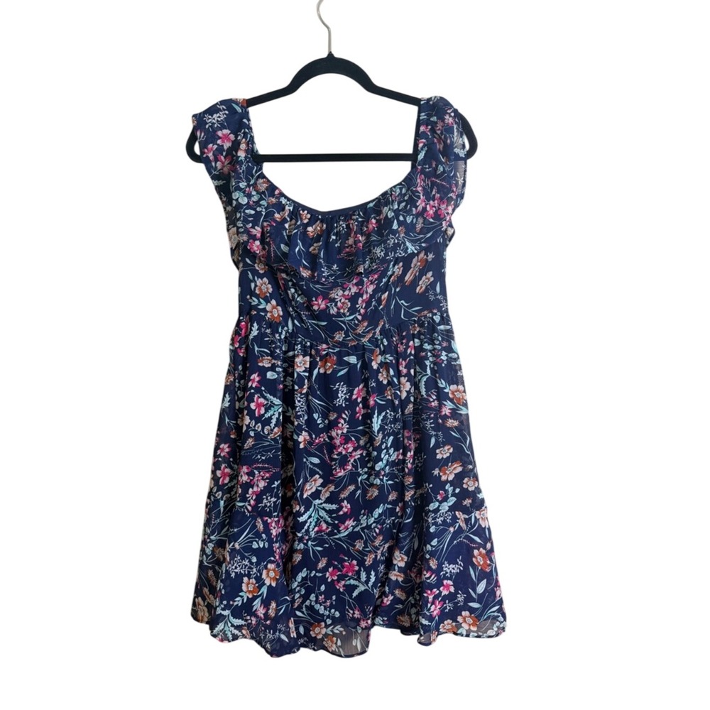 Lulus Navy Blue Floral Ruffle Mini‎ Dress Cap Sleeve Chiffon Size M